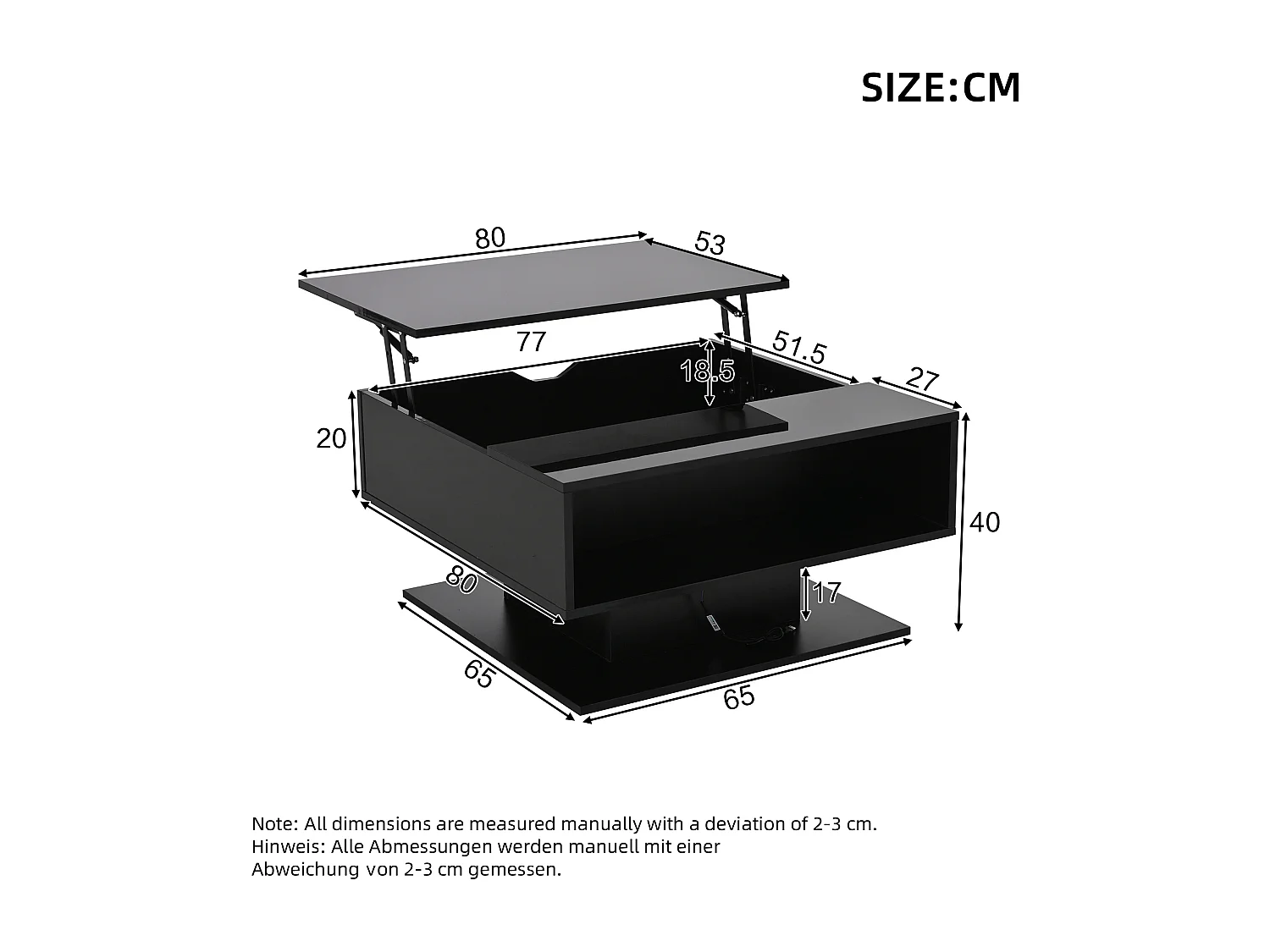 Table basse noire avec plateau relevable, espace de rangement, éclairage LED - pour salon et bureaux