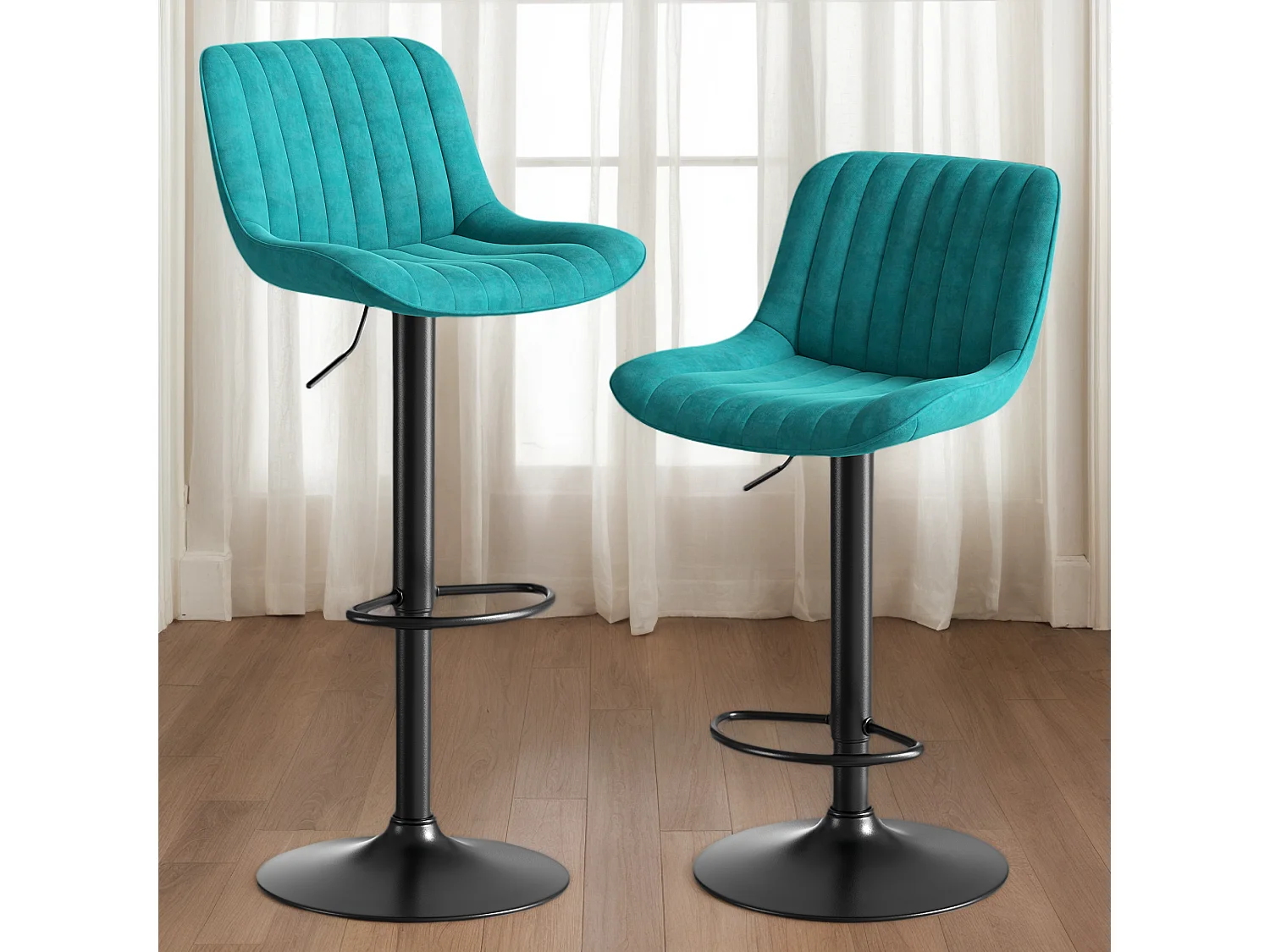 Lot de 2 tabourets de bar en velours bleu, pivotants et réglables en hauteur