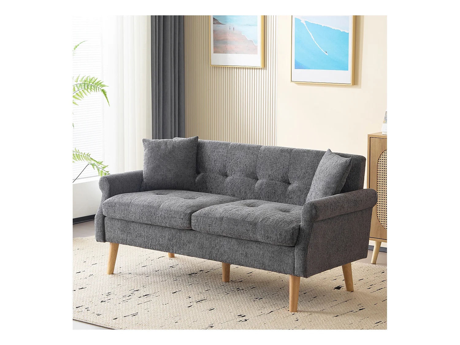 Canapé 2 places avec accoudoirs et coussins, chenille gris, pieds en bois - pour salon et chambre