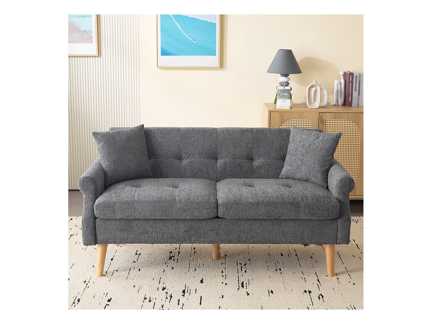 Canapé 2 places avec accoudoirs et coussins, chenille gris, pieds en bois - pour salon et chambre