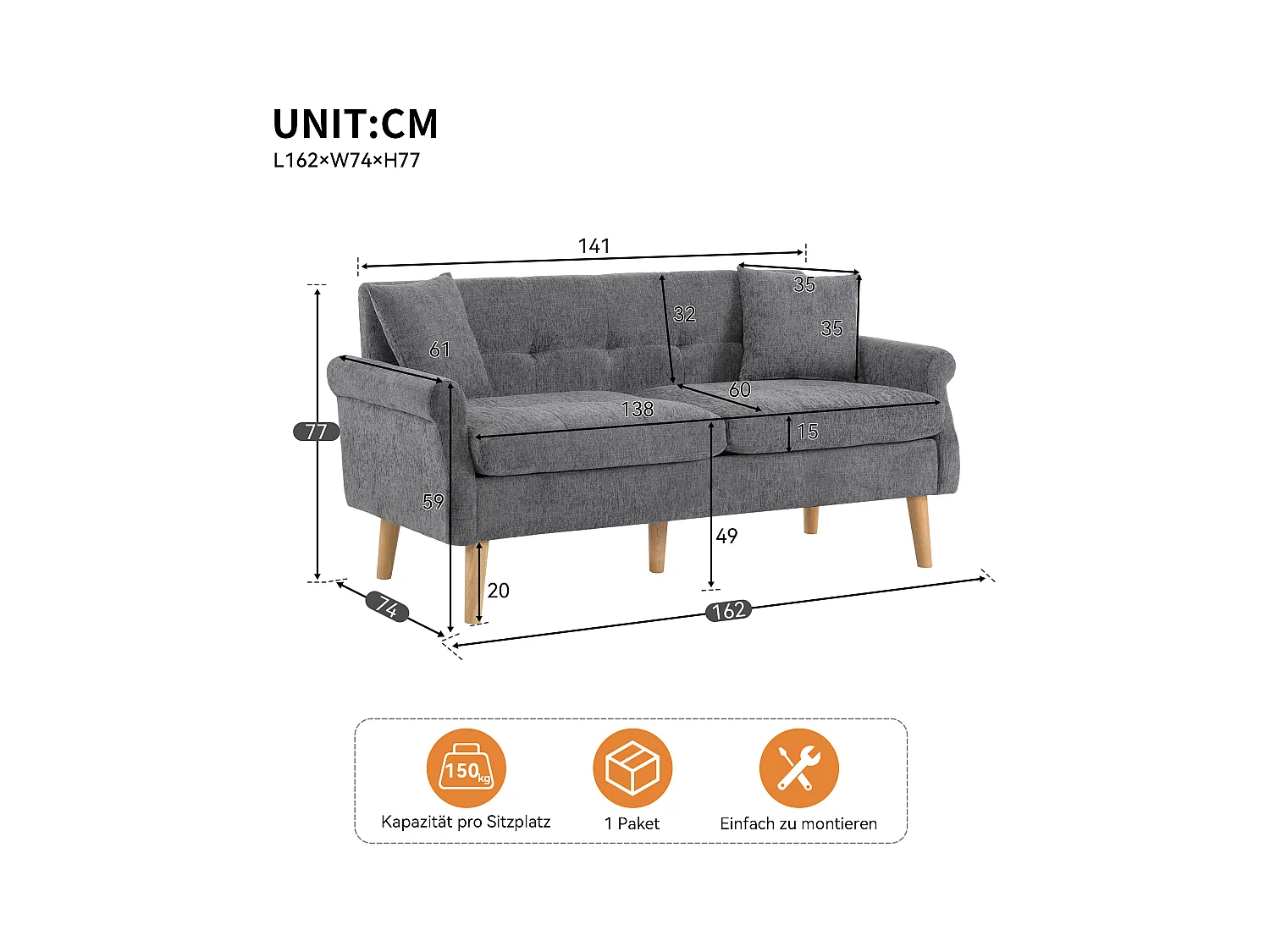 Canapé 2 places avec accoudoirs et coussins, chenille gris, pieds en bois - pour salon et chambre