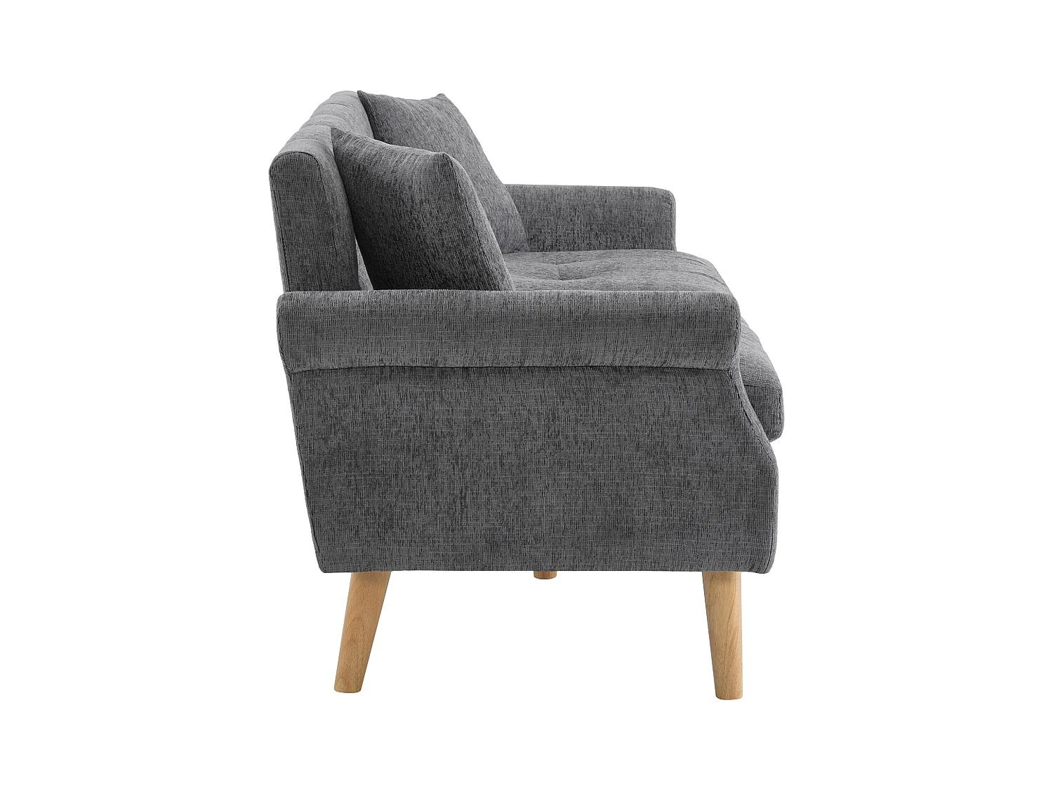 Canapé 2 places avec accoudoirs et coussins, chenille gris, pieds en bois - pour salon et chambre