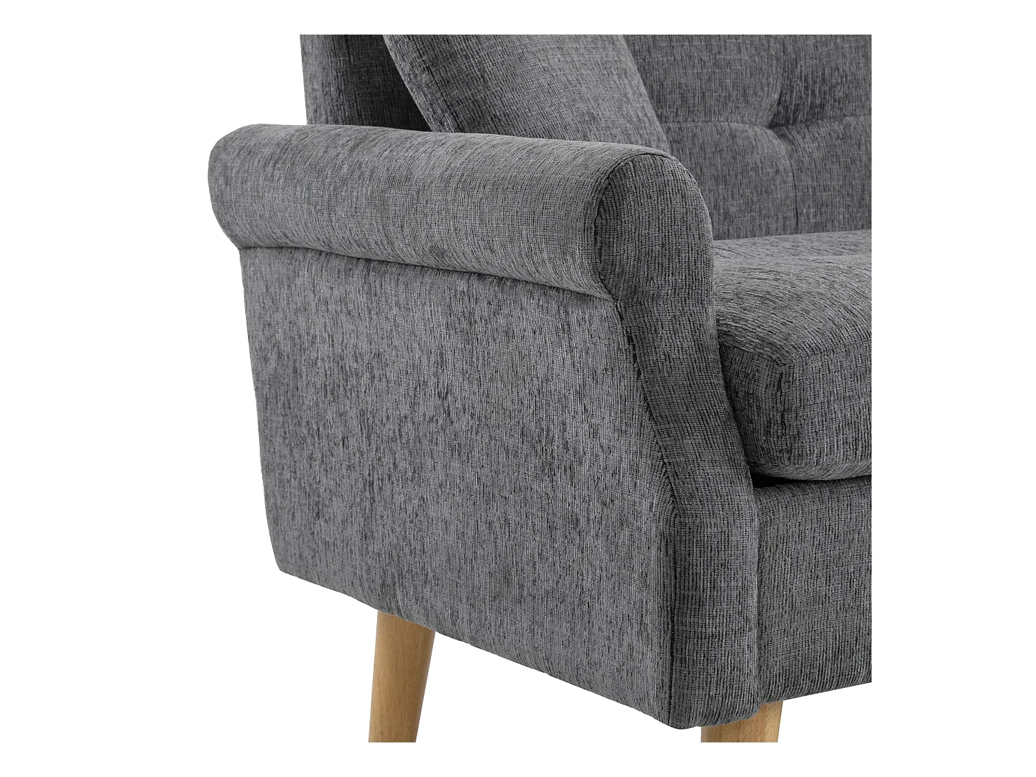 Canapé 2 places avec accoudoirs et coussins, chenille gris, pieds en bois - pour salon et chambre