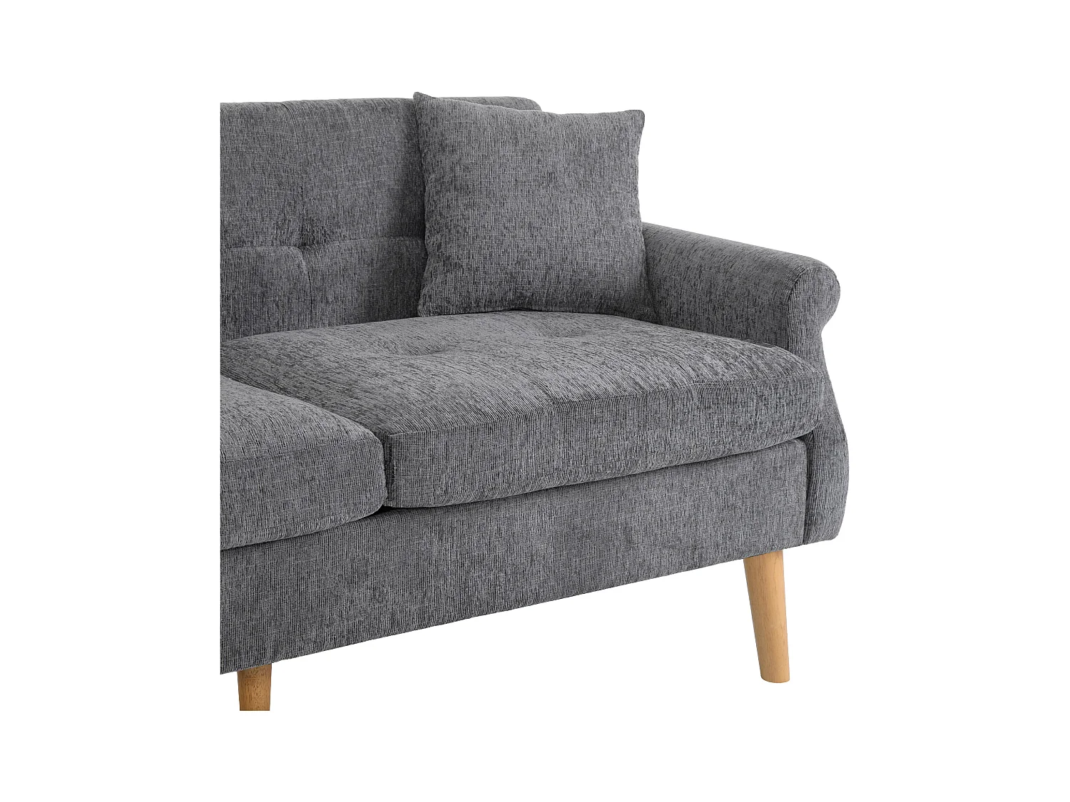 Canapé 2 places avec accoudoirs et coussins, chenille gris, pieds en bois - pour salon et chambre