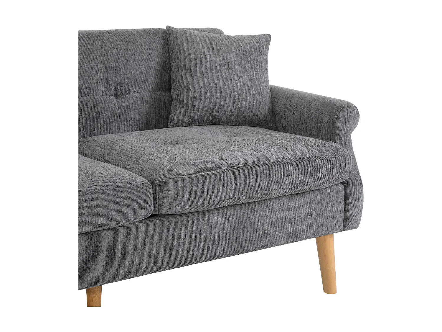 Sofa 2-osobowa z podłokietnikami i poduszkami, szary szenil, drewniane nogi - do salonu i sypialni