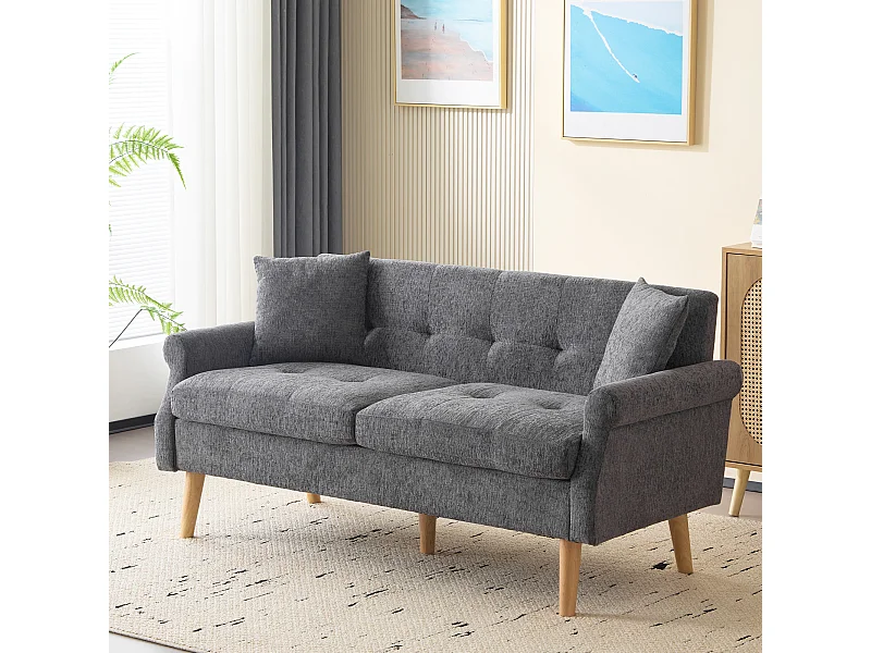 Canapé 2 places avec accoudoirs et coussins, chenille gris, pieds en bois - pour salon et chambre