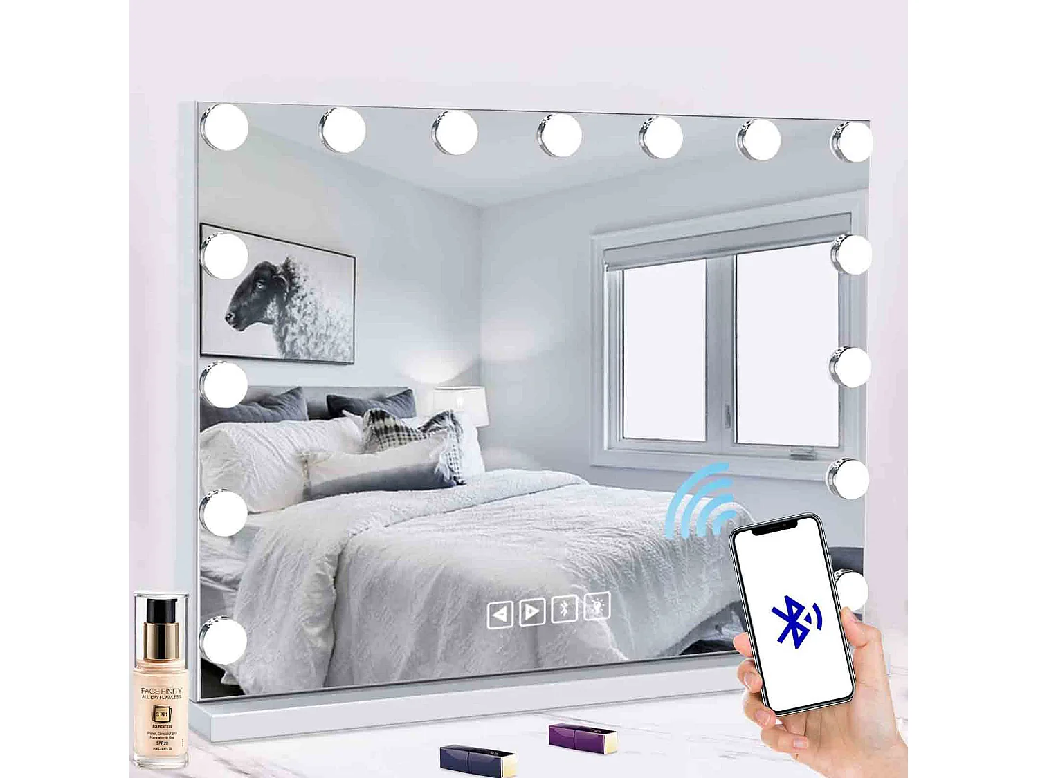Miroir de maquillage LED blanc - 1 pièce - avec Bluetooth et haut-parleur