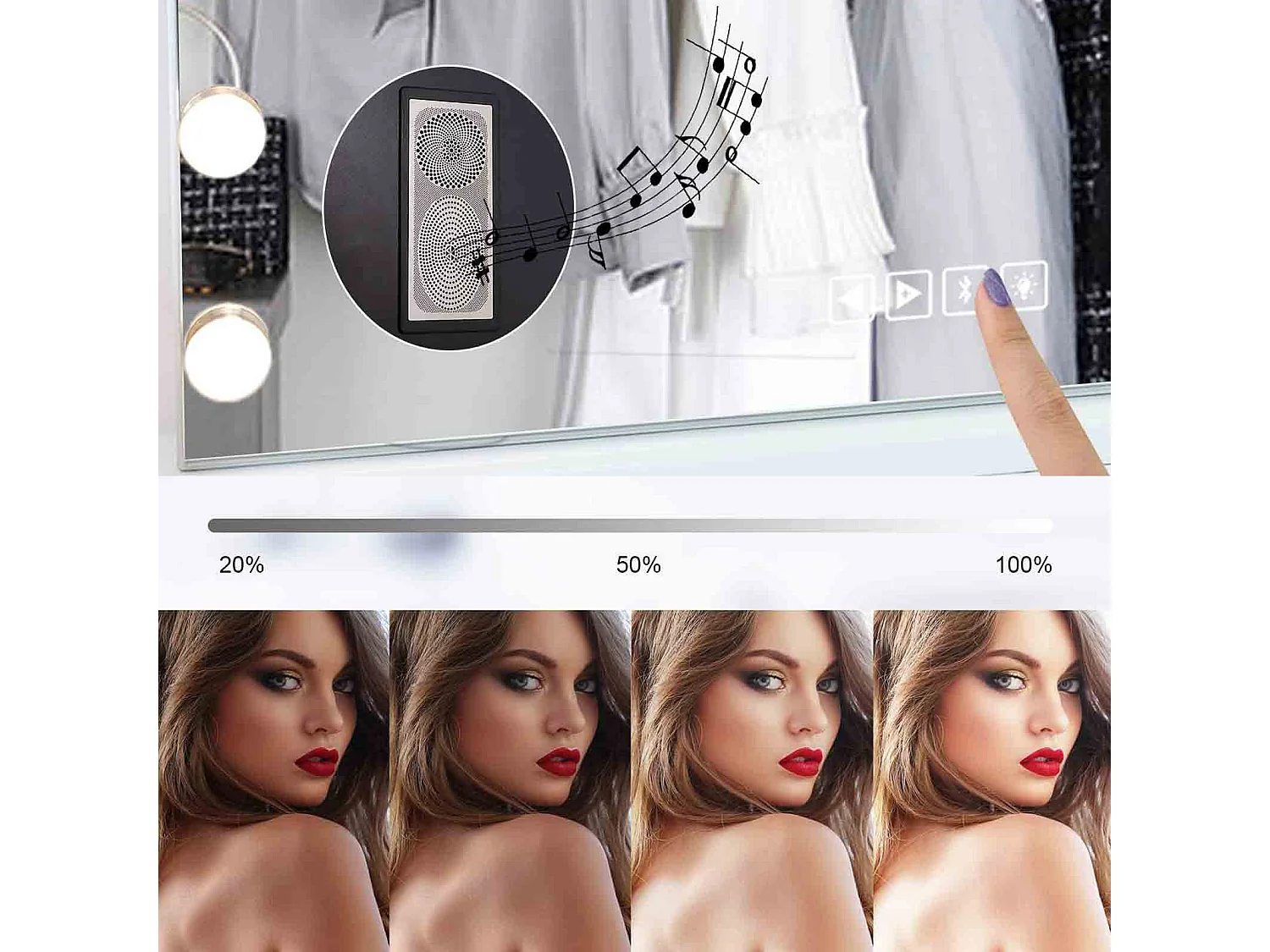 Miroir de maquillage LED blanc - 1 pièce - avec Bluetooth et haut-parleur