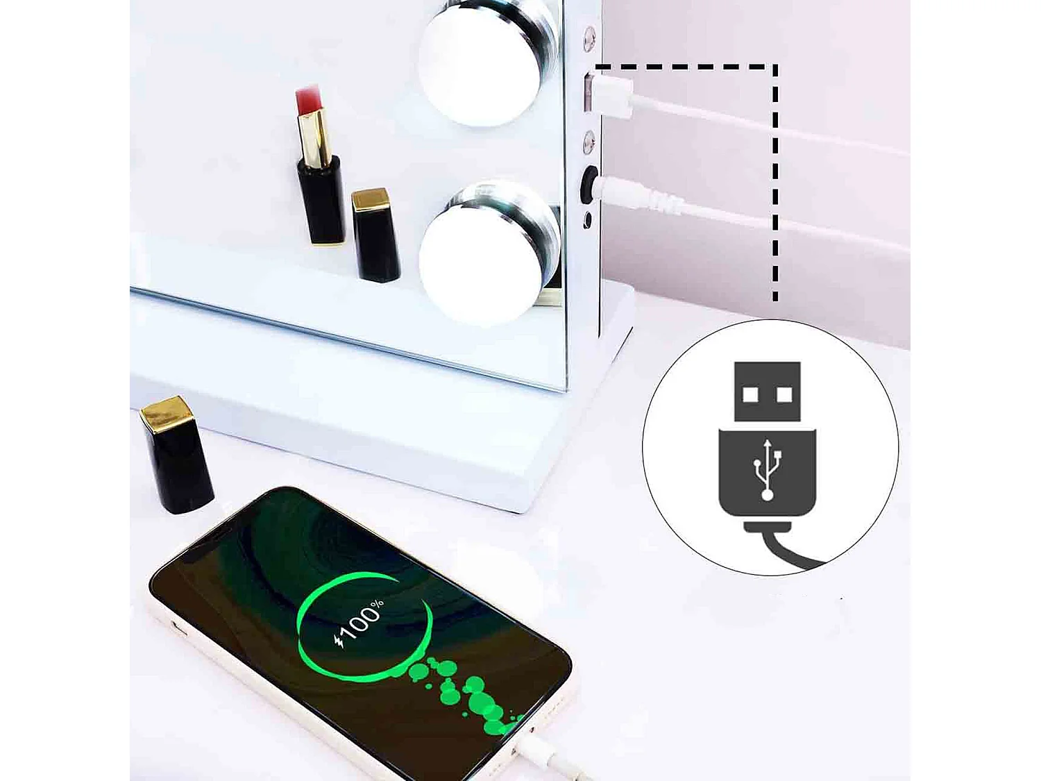 Miroir de maquillage LED blanc - 1 pièce - avec Bluetooth et haut-parleur
