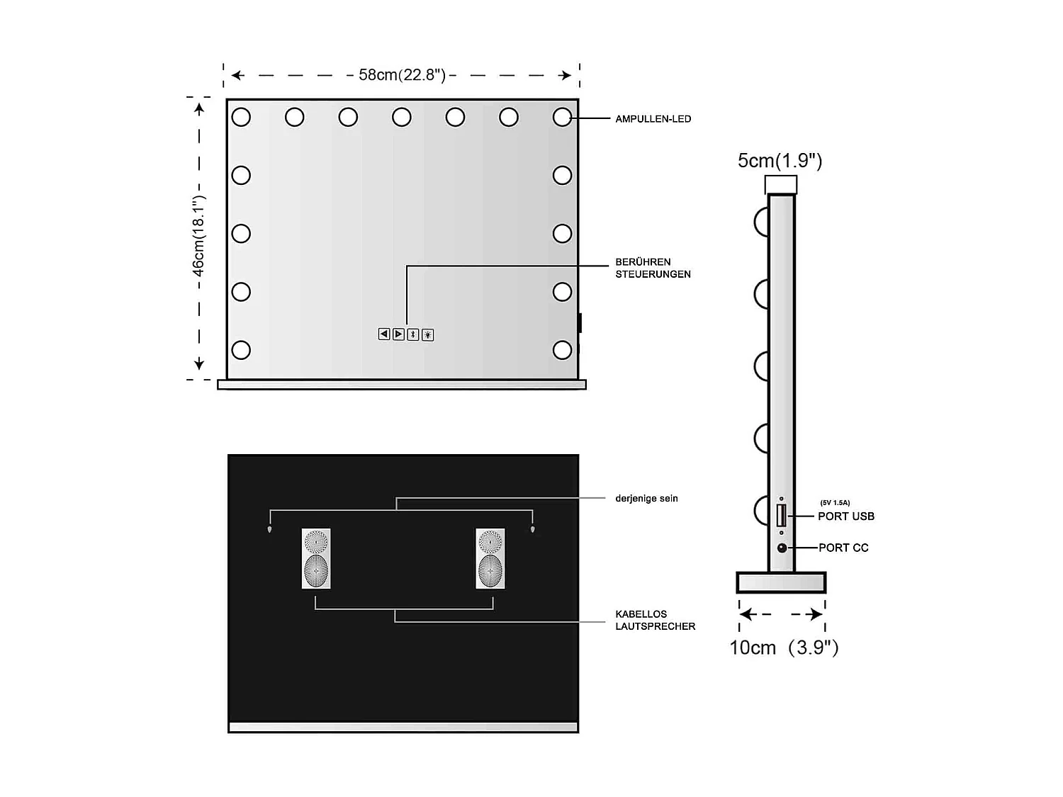 Miroir de maquillage LED blanc - 1 pièce - avec Bluetooth et haut-parleur