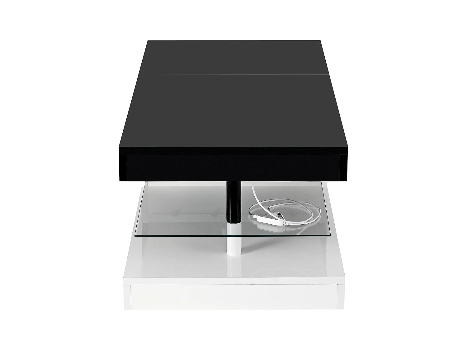 Table basse noire avec éclairage LED réglable et étagères en verre, piètement blanc