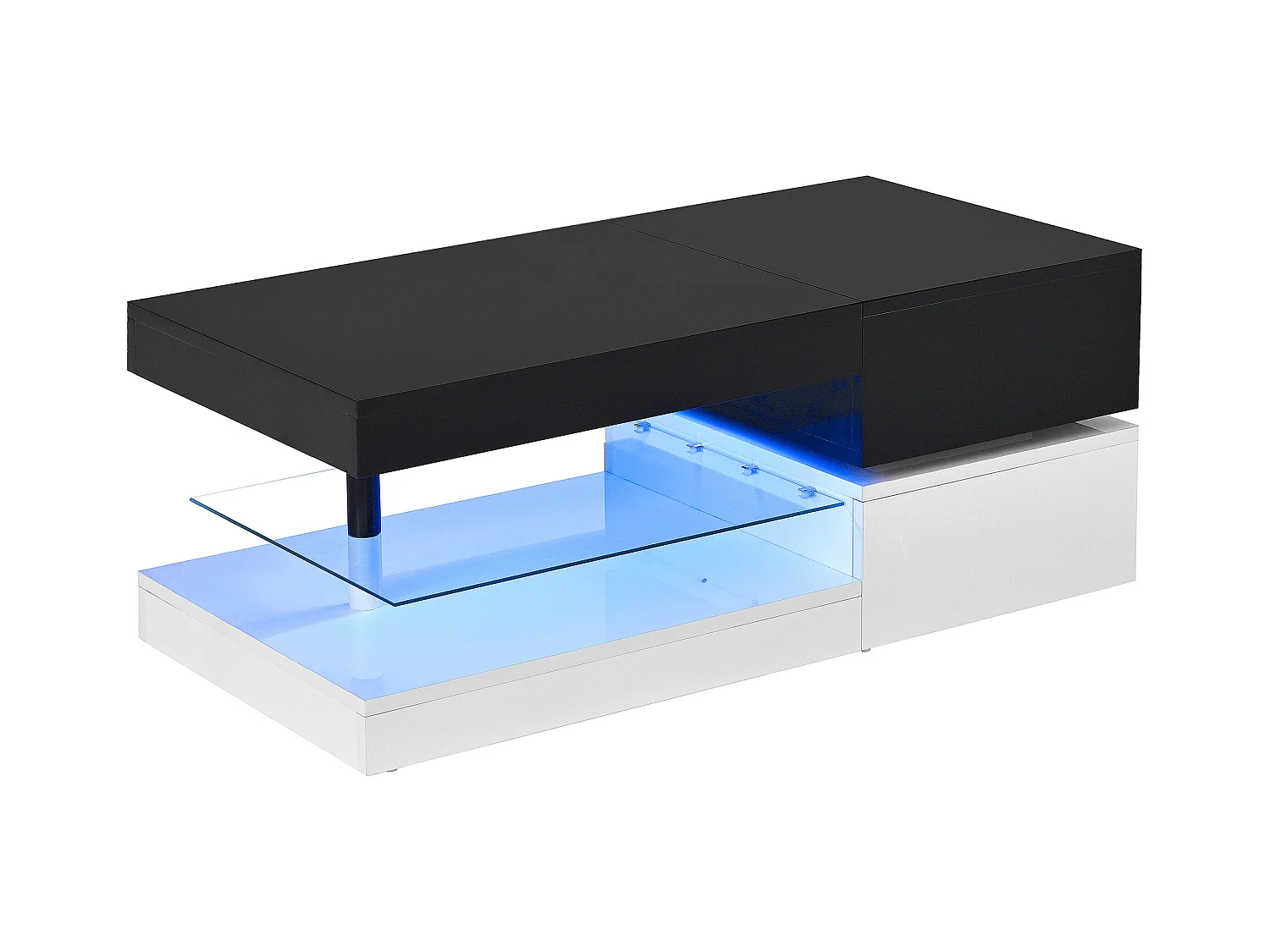 Table basse noire avec éclairage LED réglable et étagères en verre, piètement blanc
