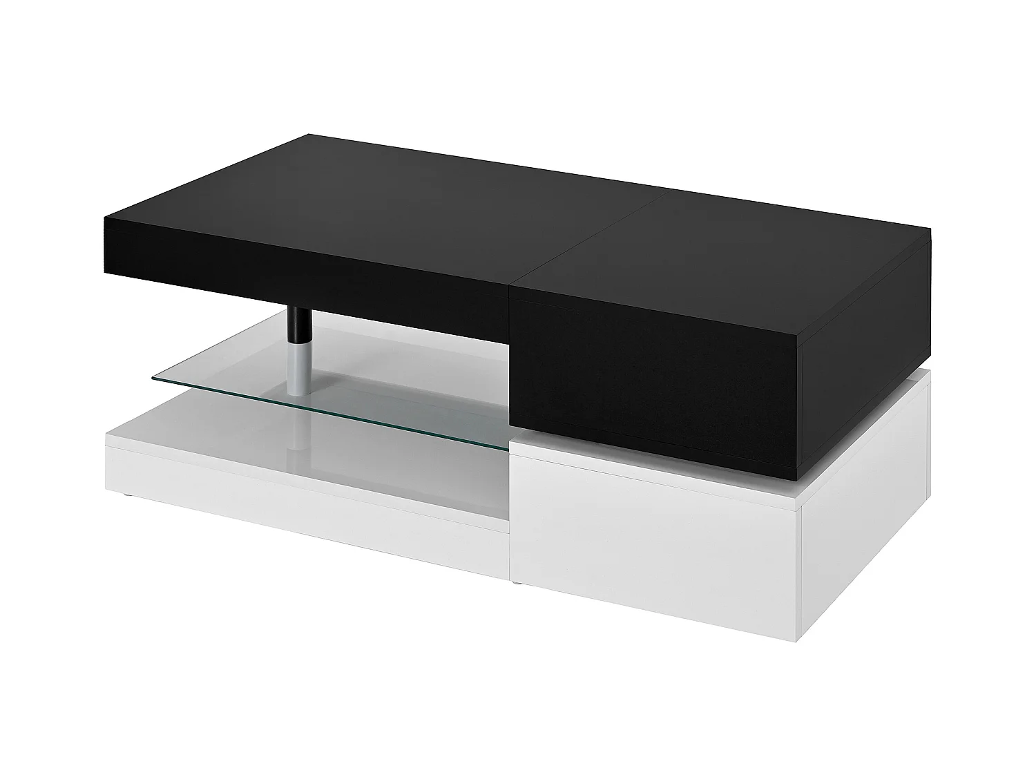 Table basse noire avec éclairage LED réglable et étagères en verre, piètement blanc