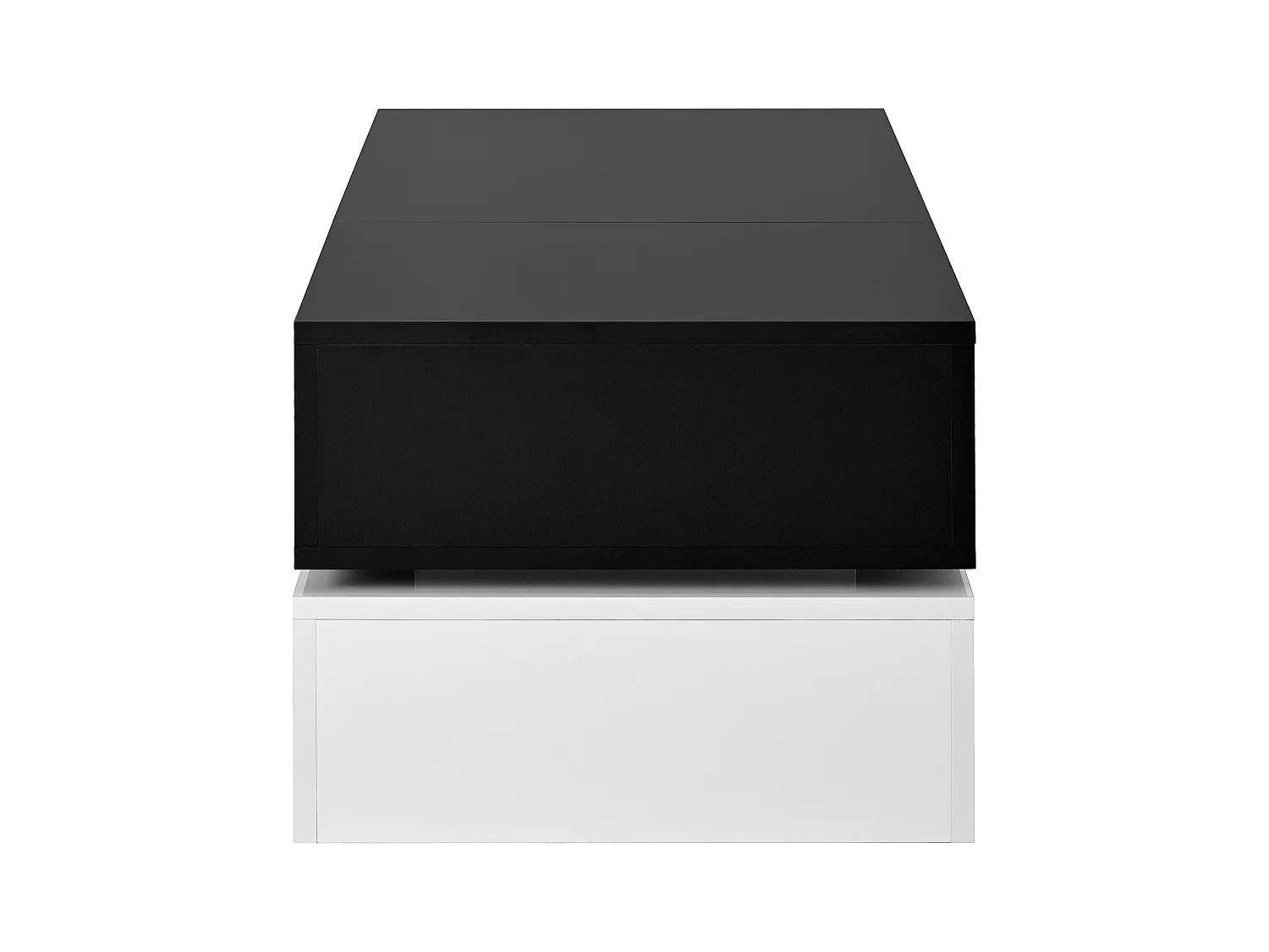 Table basse noire avec éclairage LED réglable et étagères en verre, piètement blanc