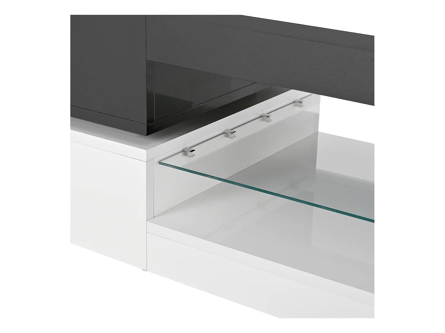 Table basse noire avec éclairage LED réglable et étagères en verre, piètement blanc