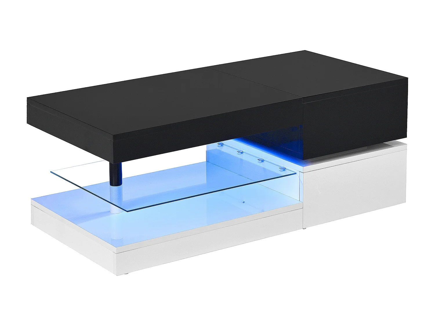 Table basse noire avec éclairage LED réglable et étagères en verre, piètement blanc
