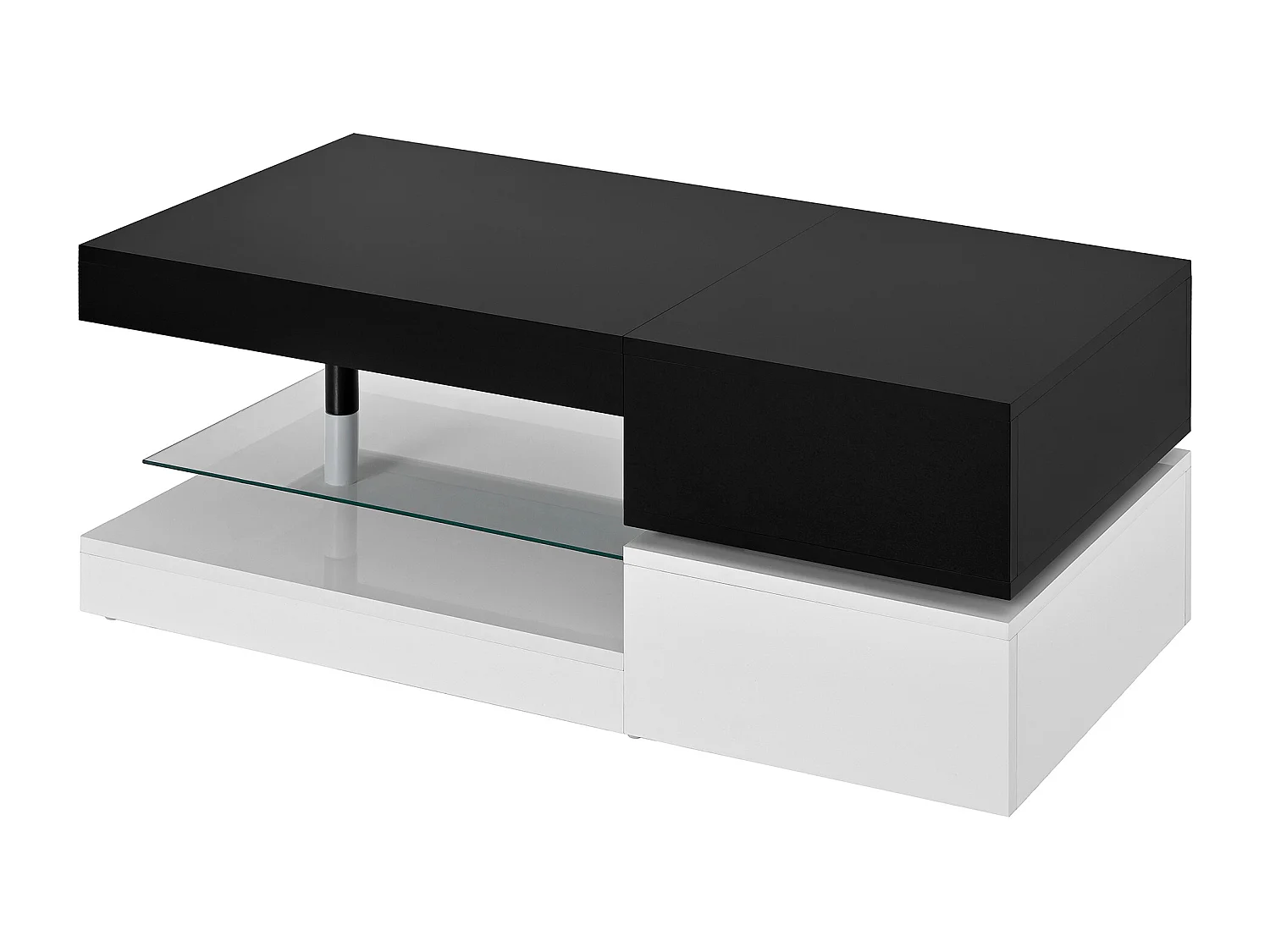 Table basse noire avec éclairage LED réglable et étagères en verre, piètement blanc