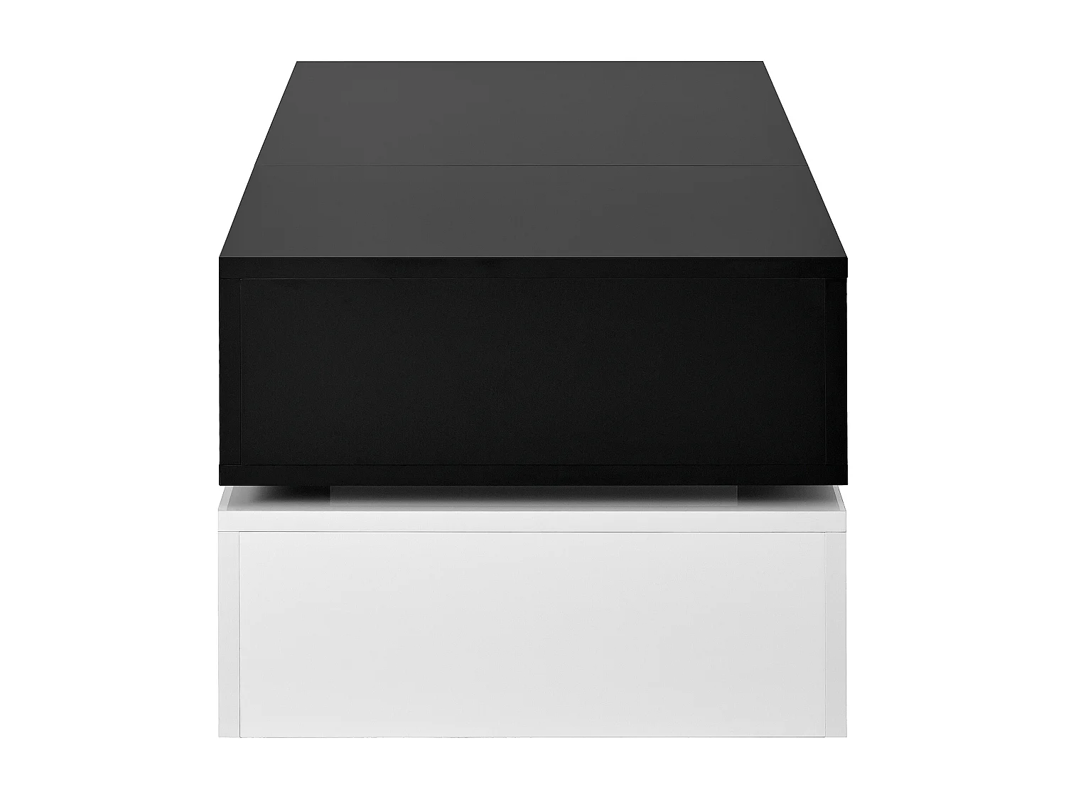 Table basse noire avec éclairage LED réglable et étagères en verre, piètement blanc