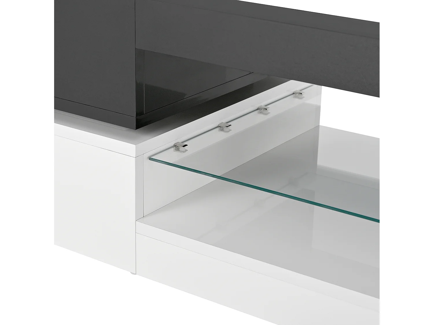 Table basse noire avec éclairage LED réglable et étagères en verre, piètement blanc