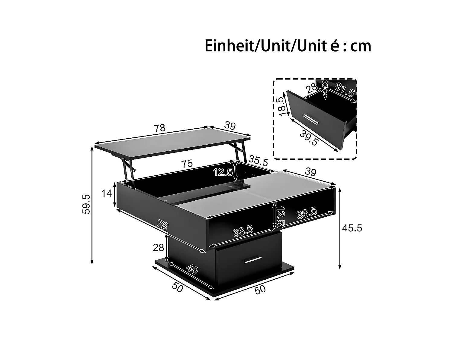 Table basse relevable Table basse noir avec 1 tiroir et éclairage LED à intensité variable