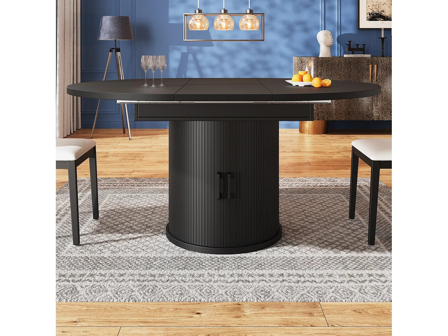 Tavolo da pranzo allungabile, 118-158 cm, nero, tavolo rotondo con contenitore