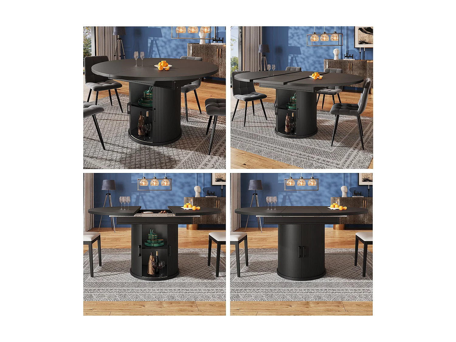 Tavolo da pranzo allungabile, 118-158 cm, nero, tavolo rotondo con contenitore