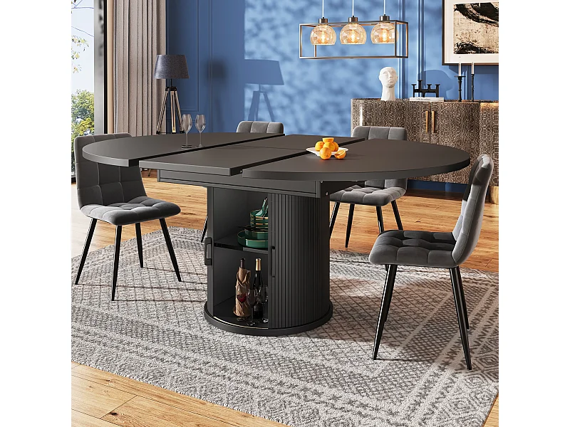 Tavolo da pranzo allungabile, 118-158 cm, nero, tavolo rotondo con contenitore
