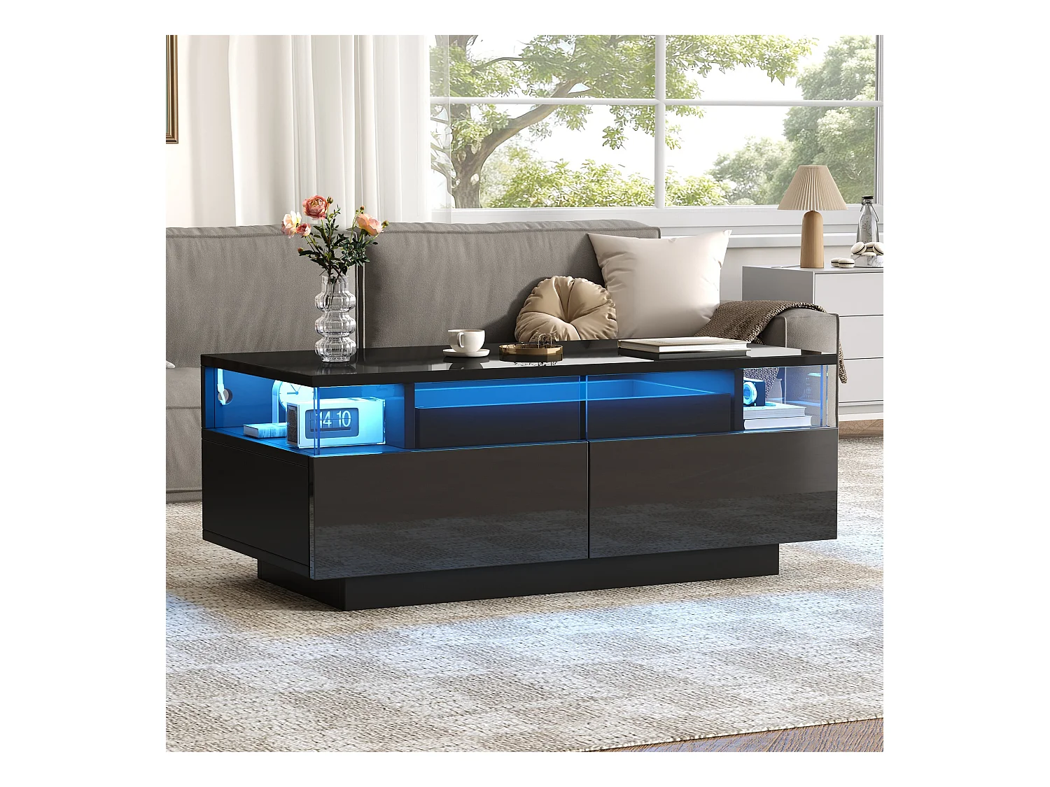 Stolik kawowy LED z 2 szufladami i wyjmowaną półką, czarny - do salonu i biura