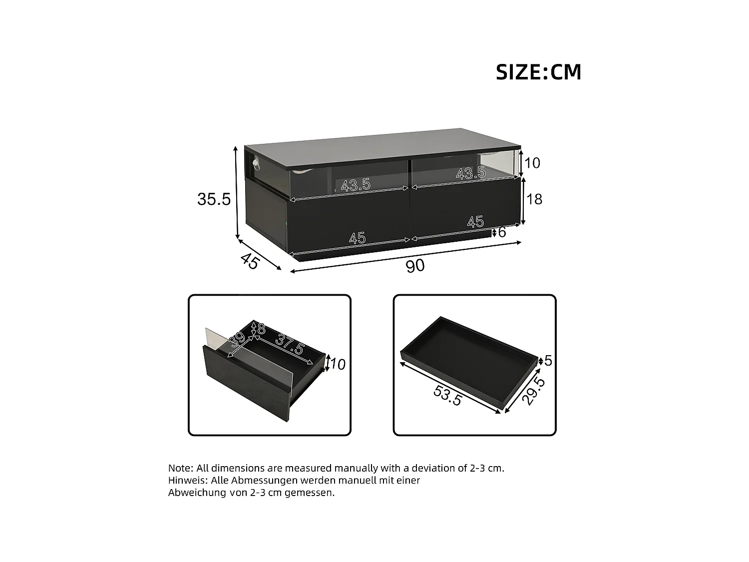 Stolik kawowy LED z 2 szufladami i wyjmowaną półką, czarny - do salonu i biura