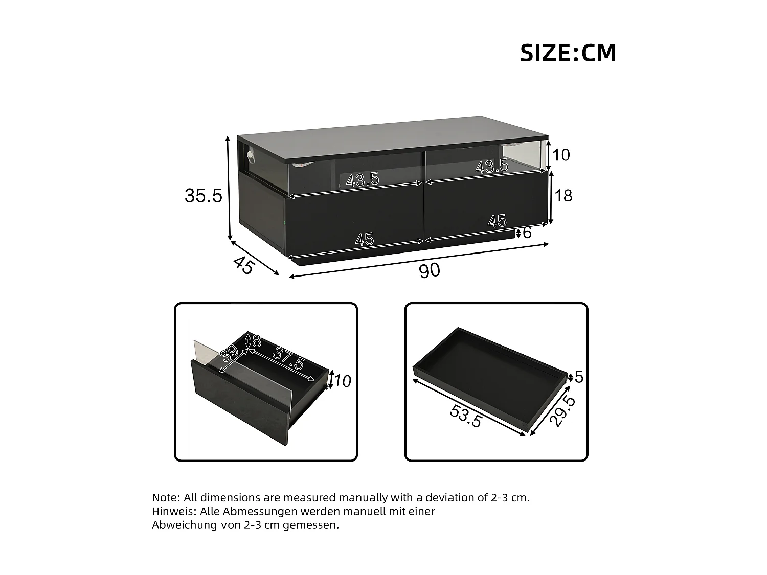 Mesa de centro LED con 2 cajones y estante extraíble, negra - para salón y oficina