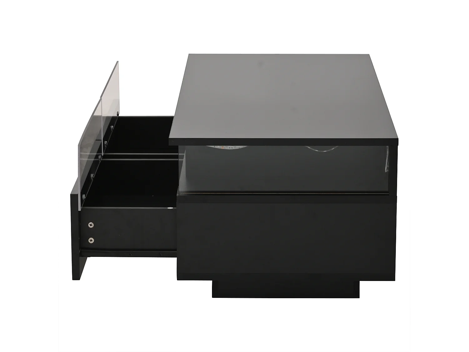 Mesa de centro LED con 2 cajones y estante extraíble, negra - para salón y oficina