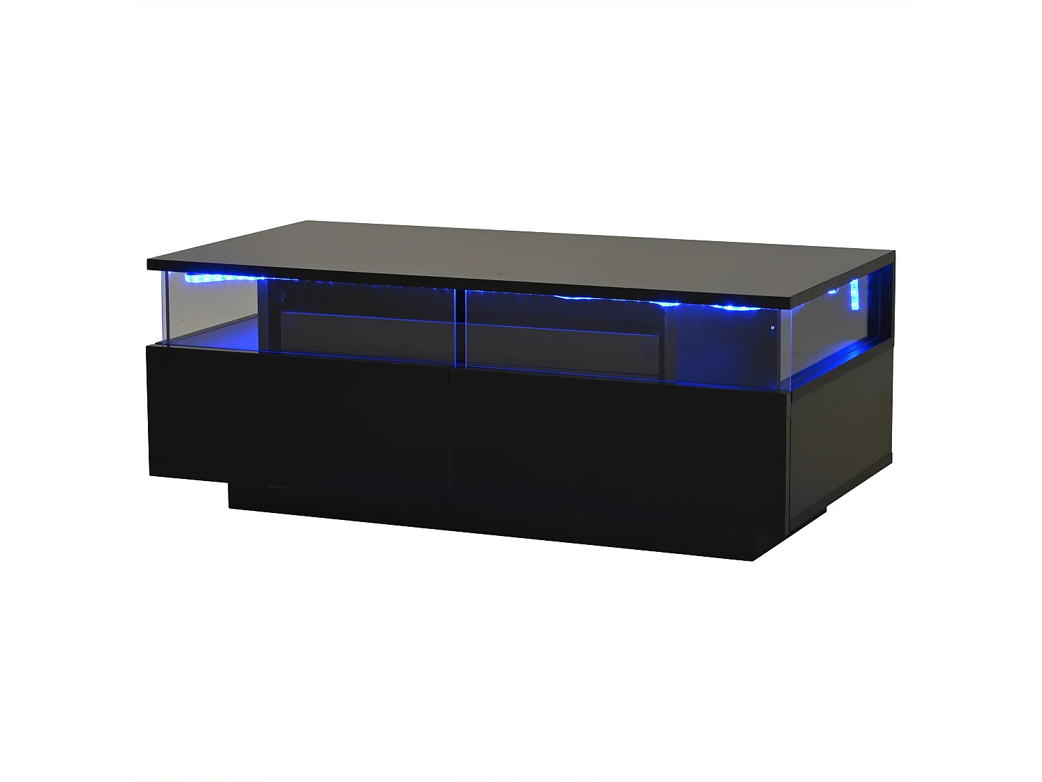 Mesa de centro LED con 2 cajones y estante extraíble, negra - para salón y oficina