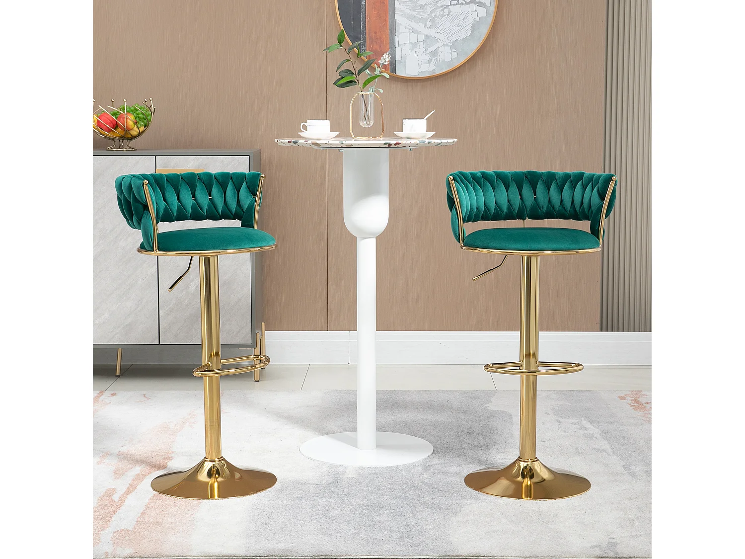 Lot de 2 tabourets de bar pivotants avec dossier, réglables en hauteur – Velours vert