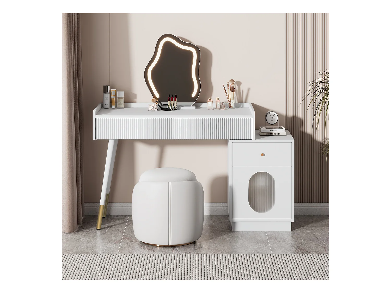Coiffeuse blanche avec 3 tiroirs de rangement et 1 porte, miroir LED - sans tabouret