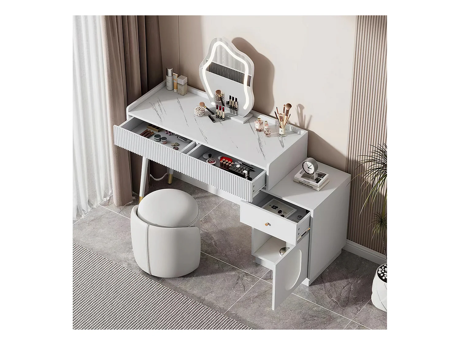 Coiffeuse blanche avec 3 tiroirs de rangement et 1 porte, miroir LED - sans tabouret