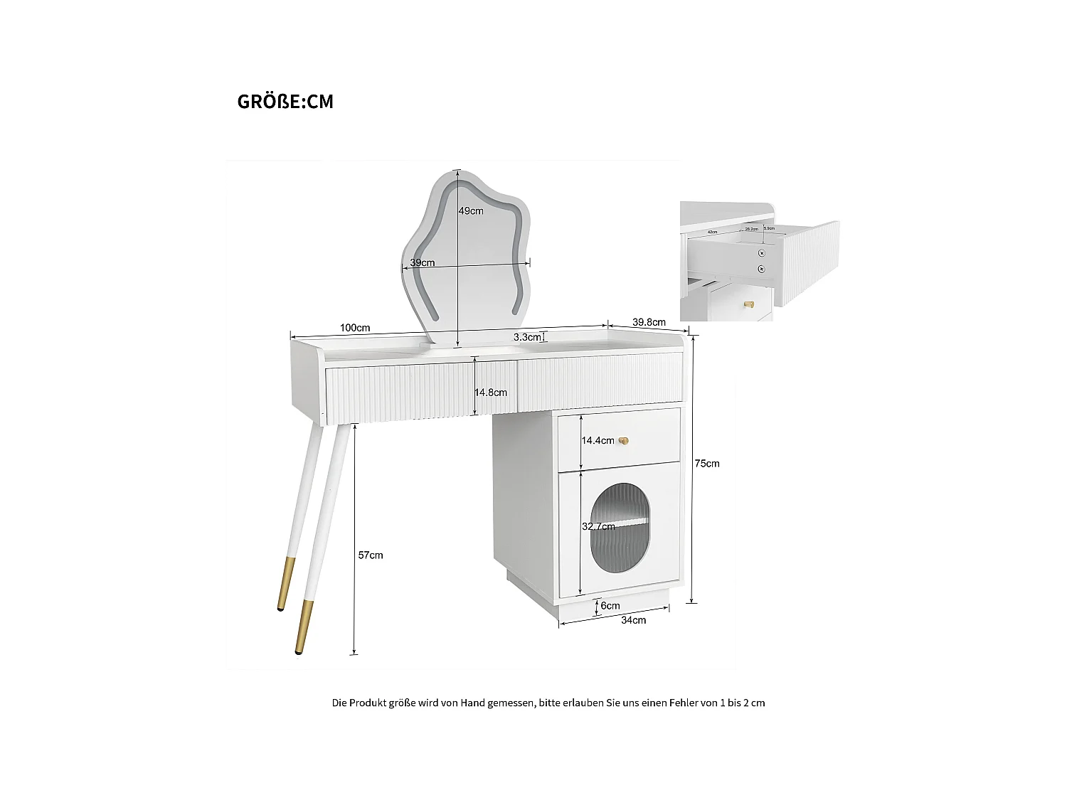 Coiffeuse blanche avec 3 tiroirs de rangement et 1 porte, miroir LED - sans tabouret