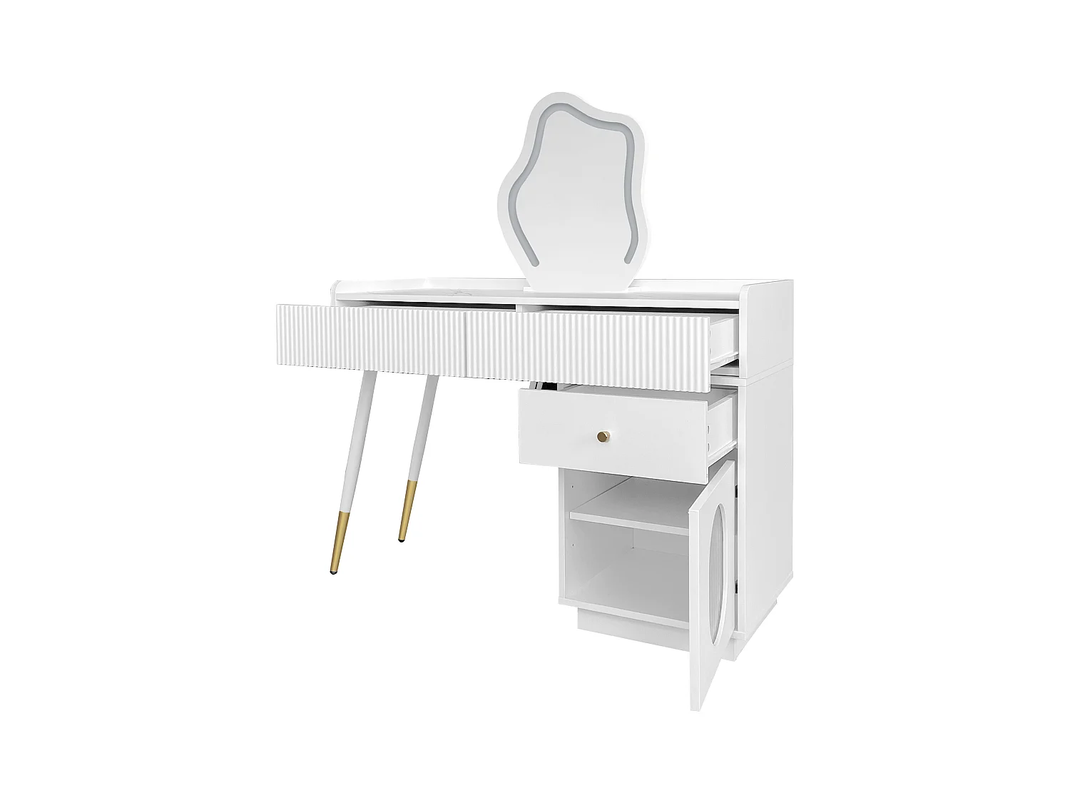 Coiffeuse blanche avec 3 tiroirs de rangement et 1 porte, miroir LED - sans tabouret