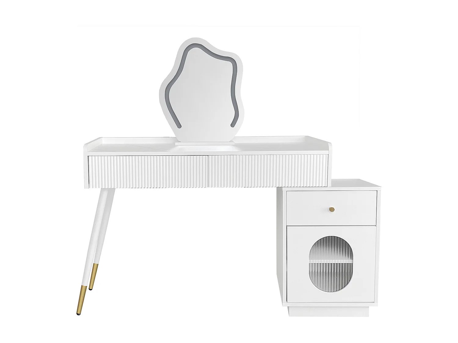 Coiffeuse blanche avec 3 tiroirs de rangement et 1 porte, miroir LED - sans tabouret