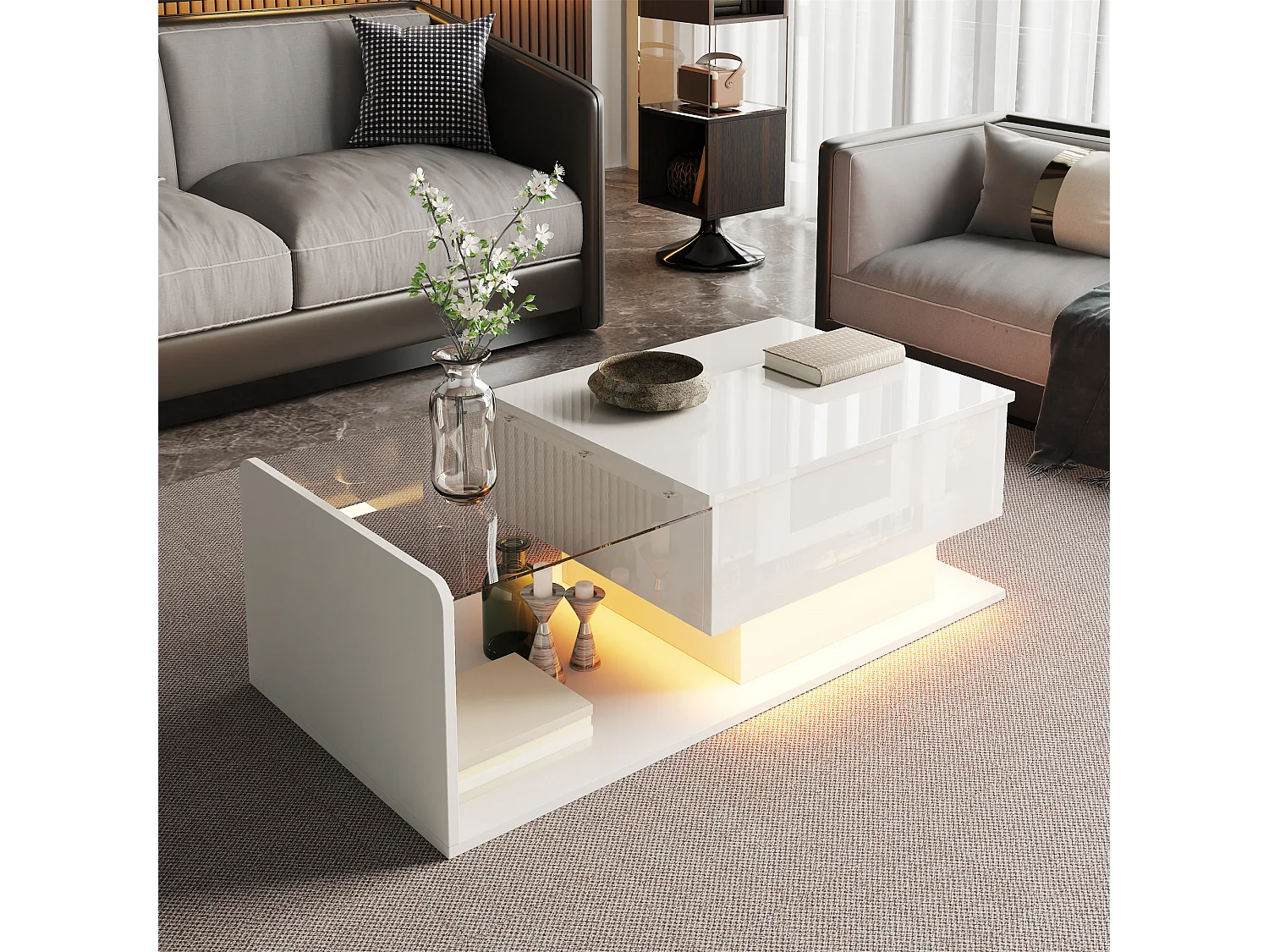 Table basse relevable Table basse blanc avec plateau relevable et plateau en verre - éclairage LED