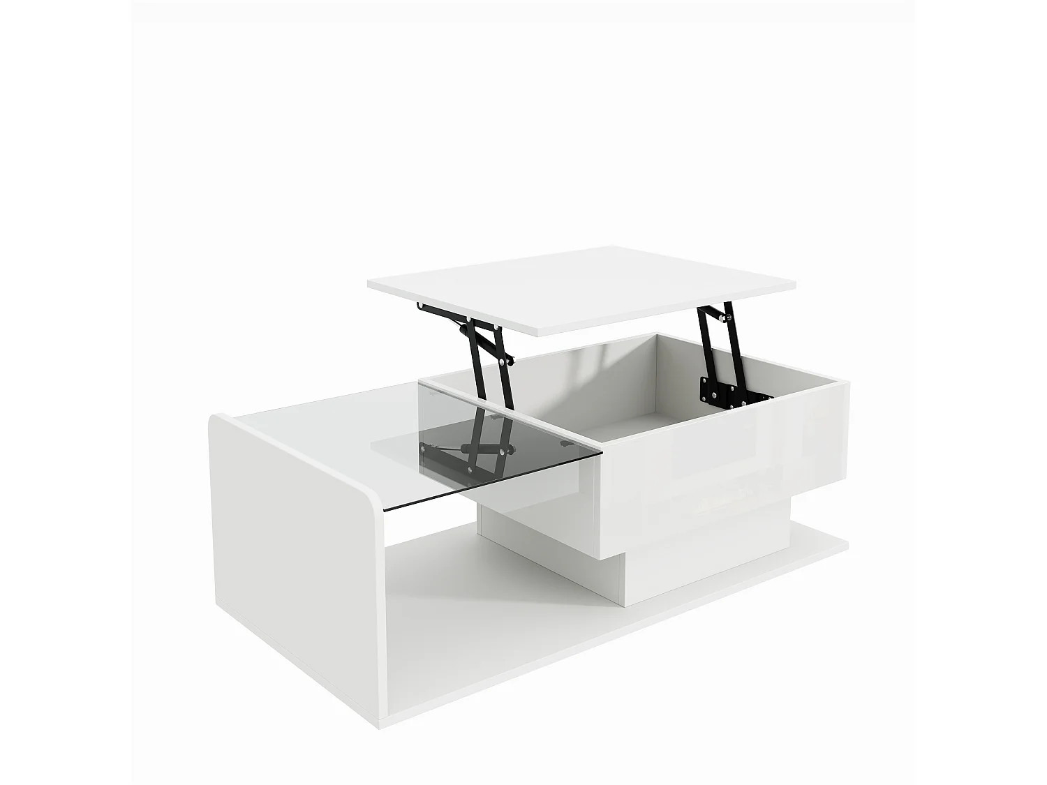 Table basse relevable Table basse blanc avec plateau relevable et plateau en verre - éclairage LED