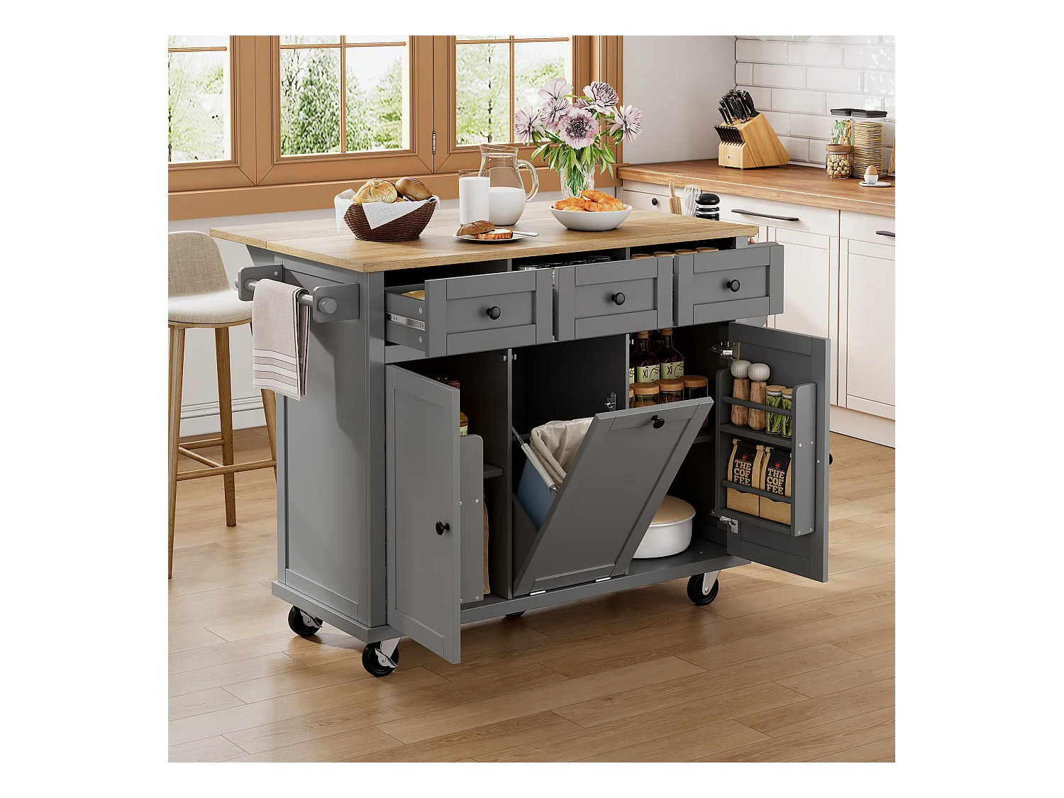 Desserte de cuisine gris avec plan de travail extensible et tiroir - pour cuisine et salle à manger