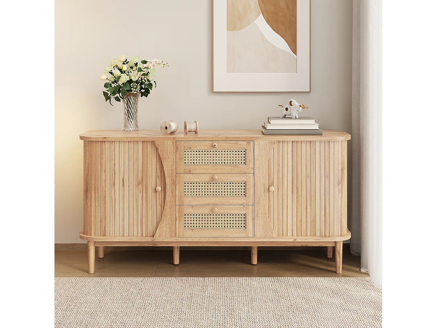 Buffet naturel avec 2 portes et 3 tiroirs en rotin avec étagères réglables - pour salon et salle à manger