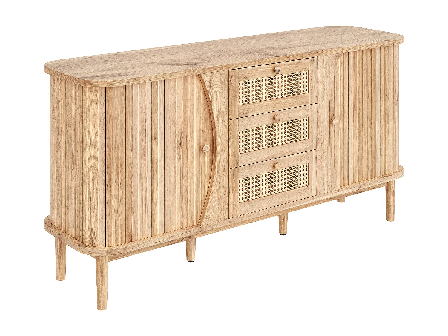 Buffet naturel avec 2 portes et 3 tiroirs en rotin avec étagères réglables - pour salon et salle à manger