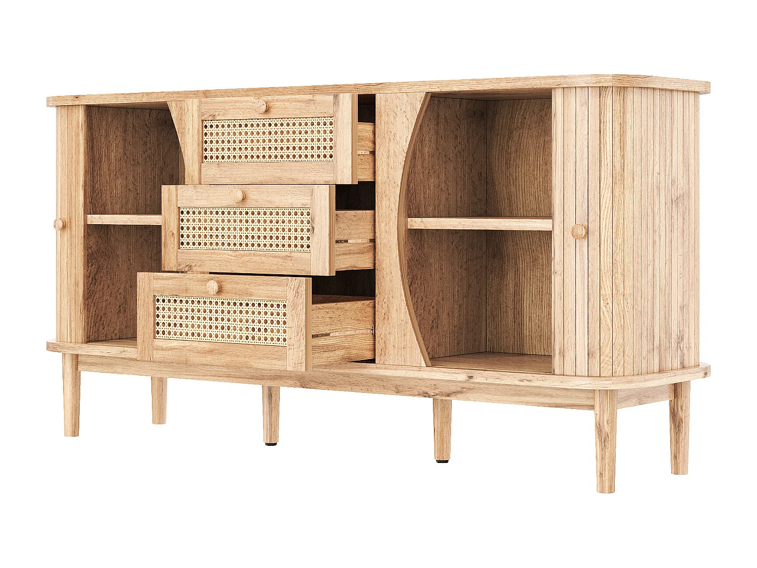 Buffet naturel avec 2 portes et 3 tiroirs en rotin avec étagères réglables - pour salon et salle à manger