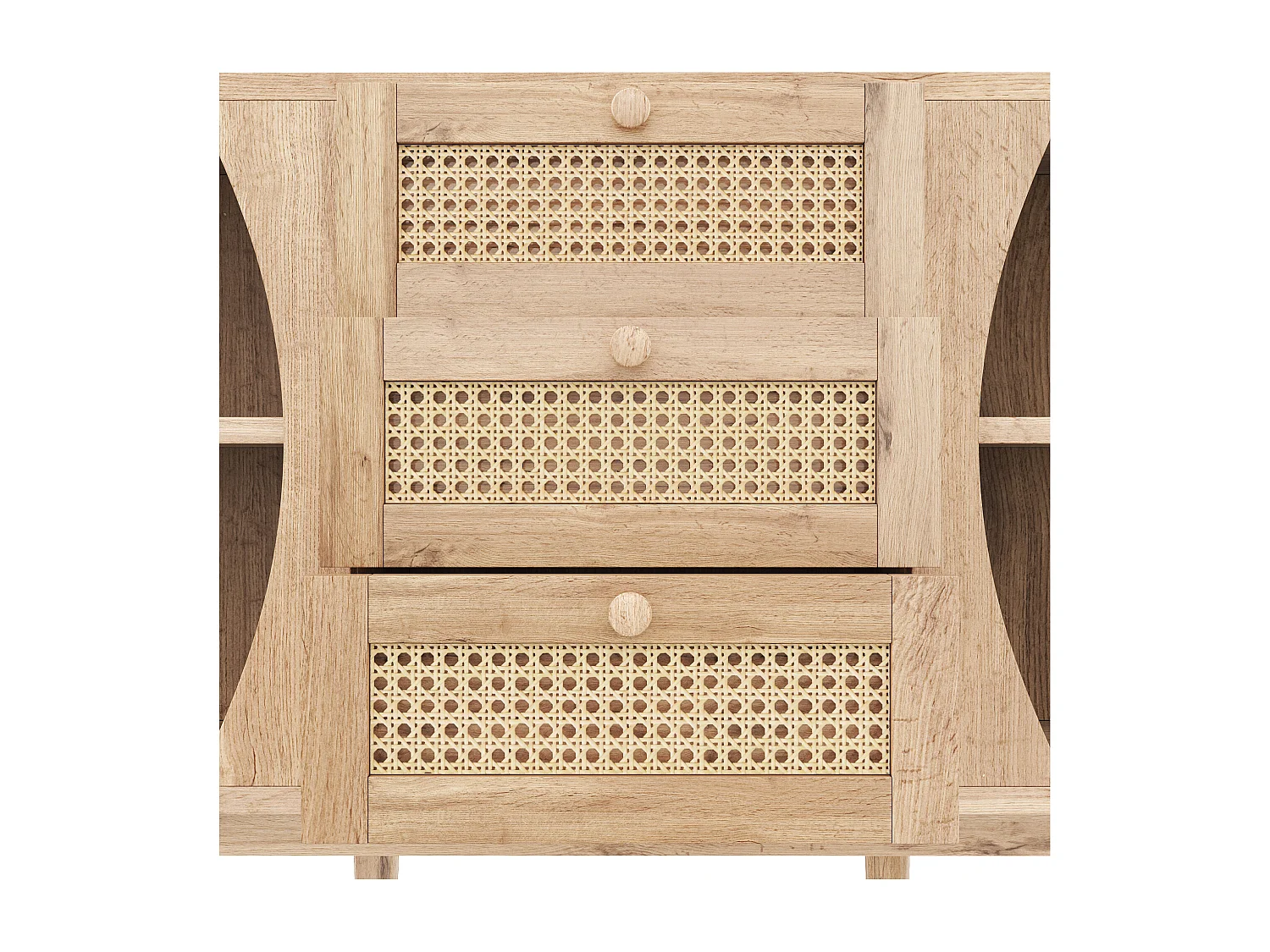 Buffet naturel avec 2 portes et 3 tiroirs en rotin avec étagères réglables - pour salon et salle à manger