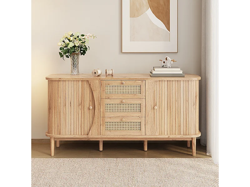 Buffet naturel avec 2 portes et 3 tiroirs en rotin avec étagères réglables - pour salon et salle à manger