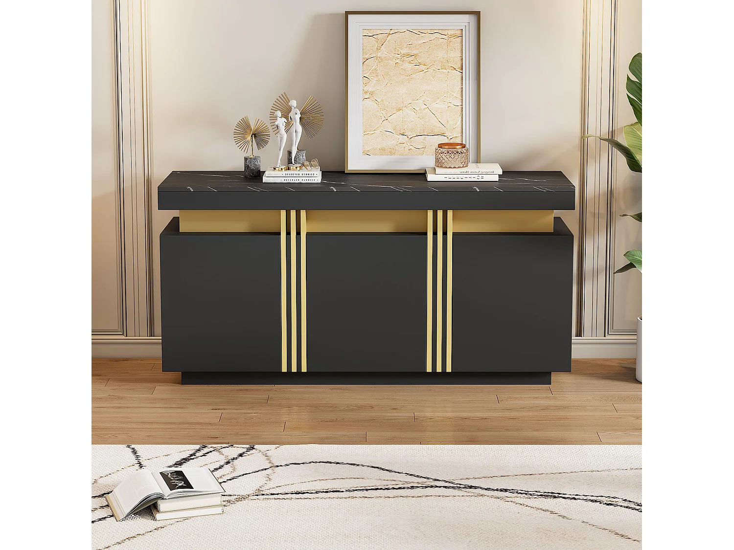 Zwart dressoir met 3 deuren en verstelbare planken - perfect voor woon- en eetkamers