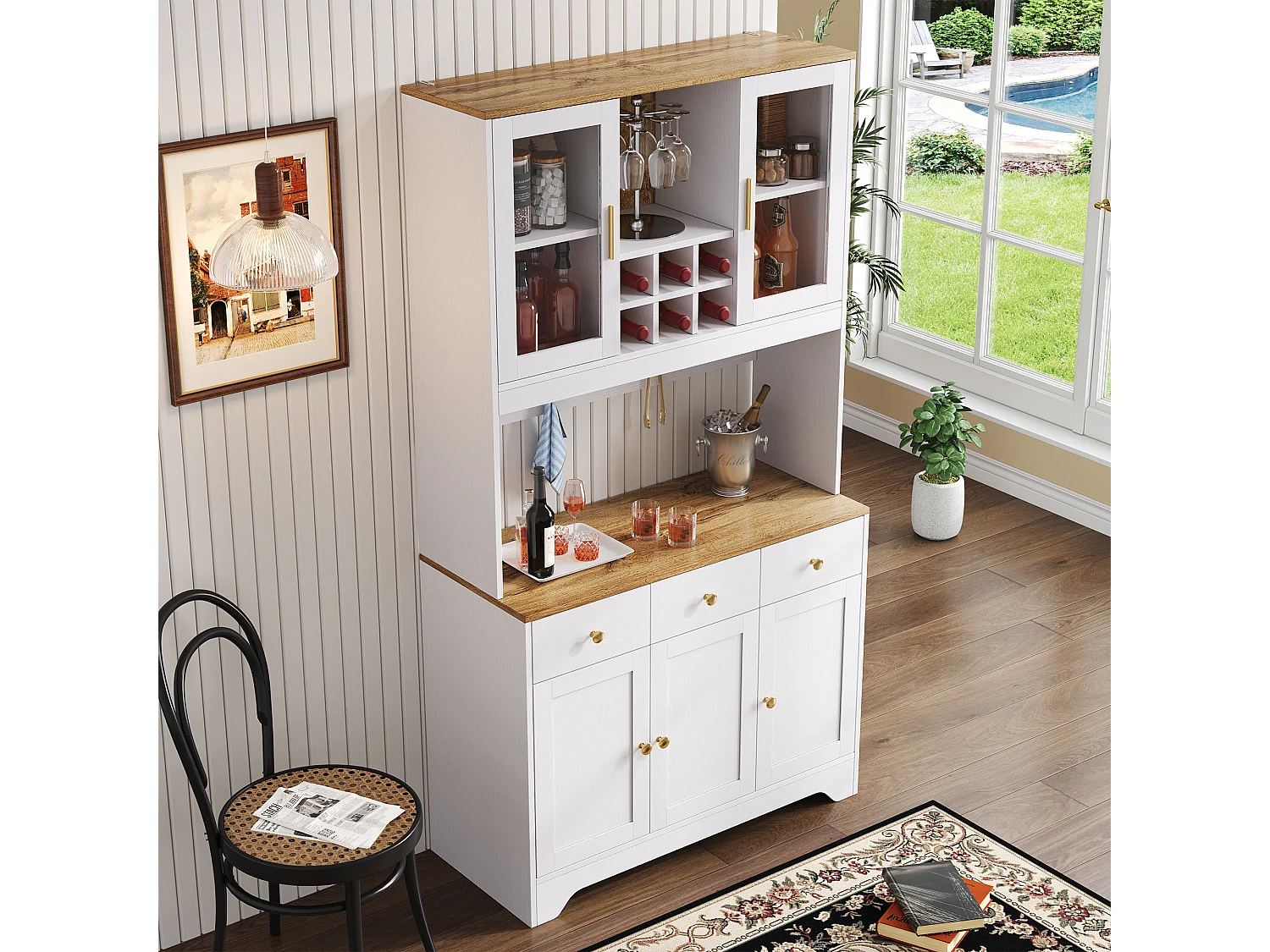 Hoog dressoir met 5 deuren, 3 laden en open vakken, wit - voor woon- en eetkamers