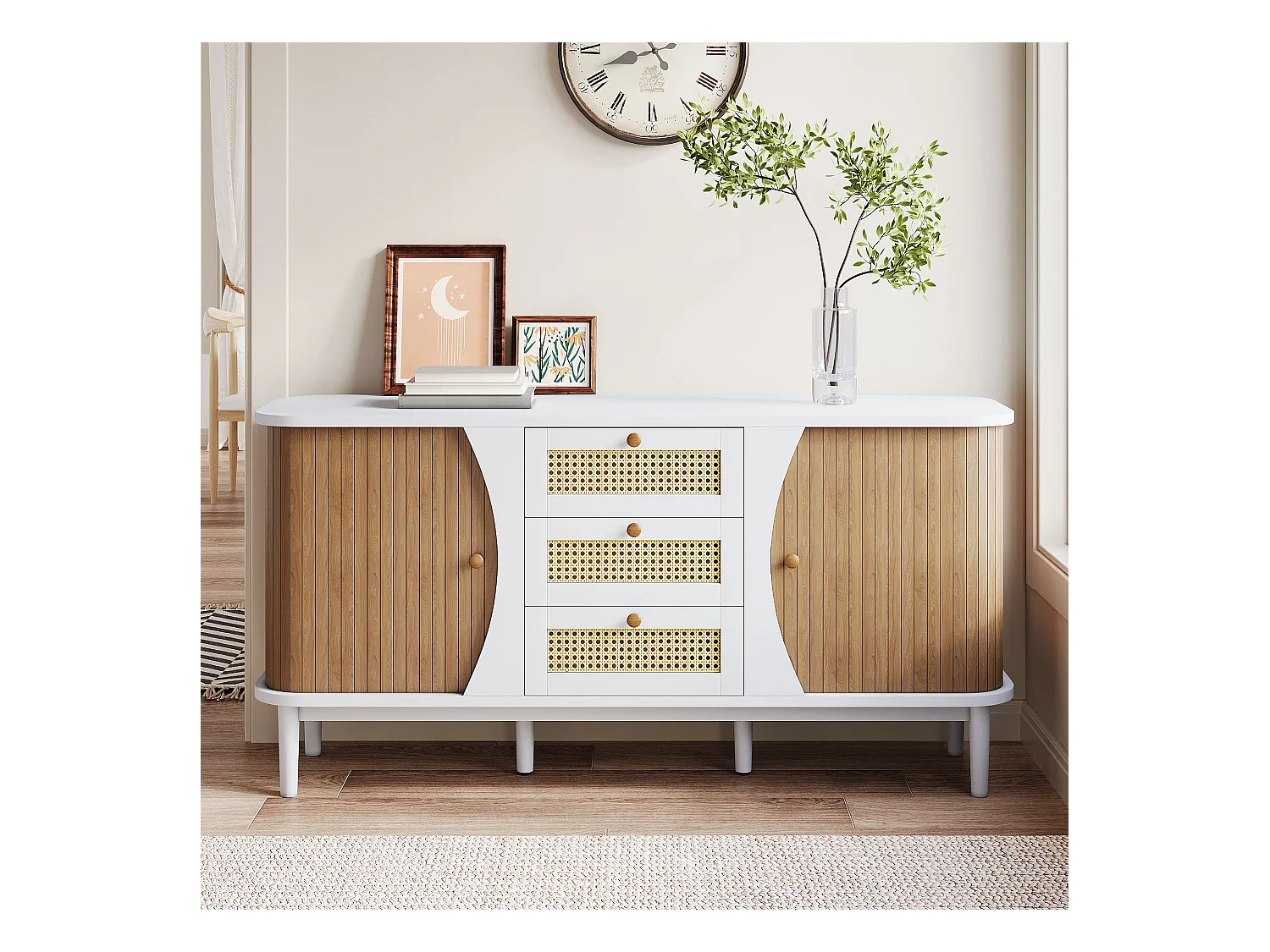 Buffet blanc et naturel avec 2 portes et 3 tiroirs en rotin avec étagères réglables - pour salon et salle à manger