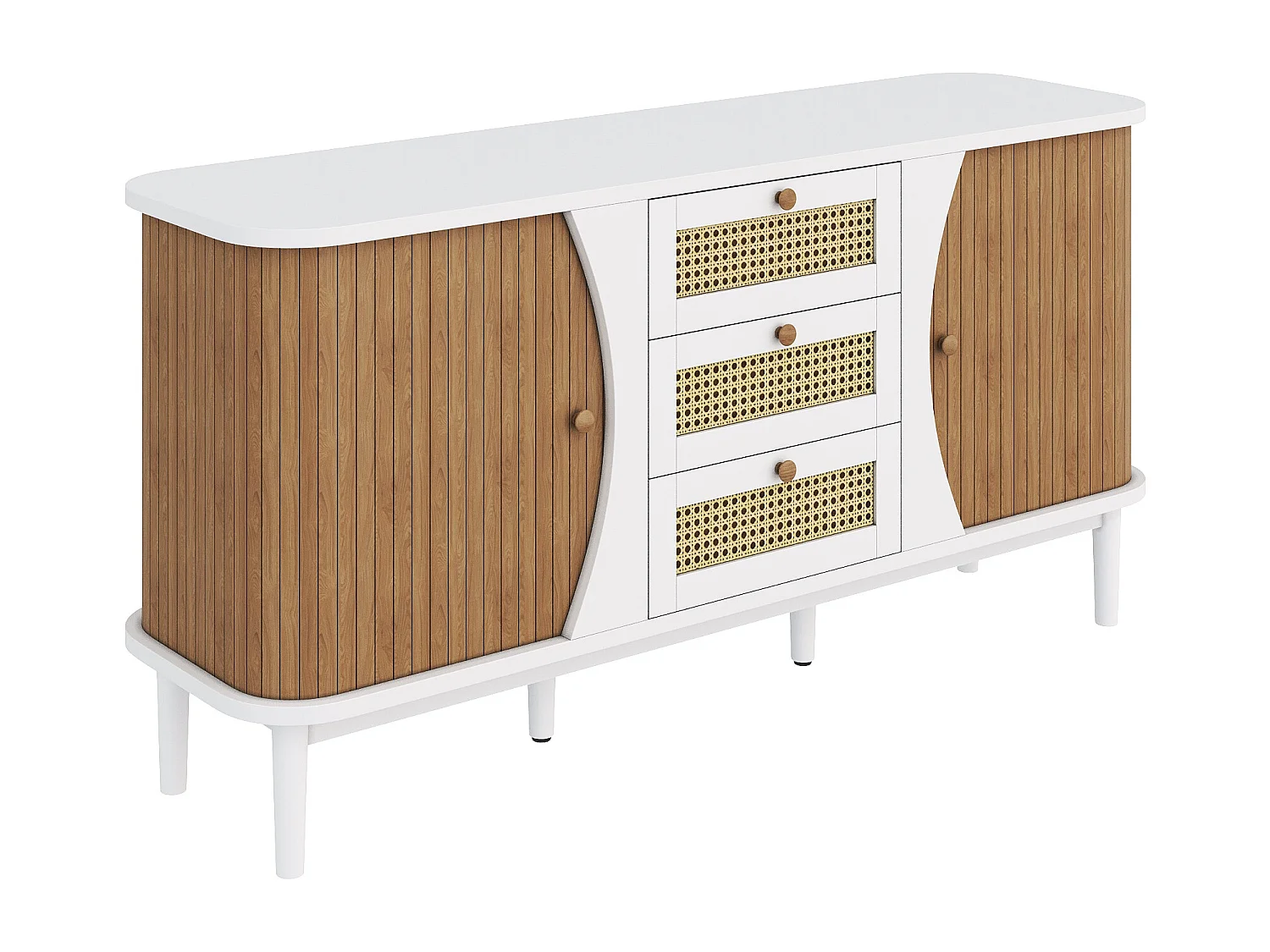 Weißes und naturbelassenes Sideboard mit 2 Türen, 3 Rattanschubladen und verstellbaren Einlegeböden – für Wohn- und Esszimmer